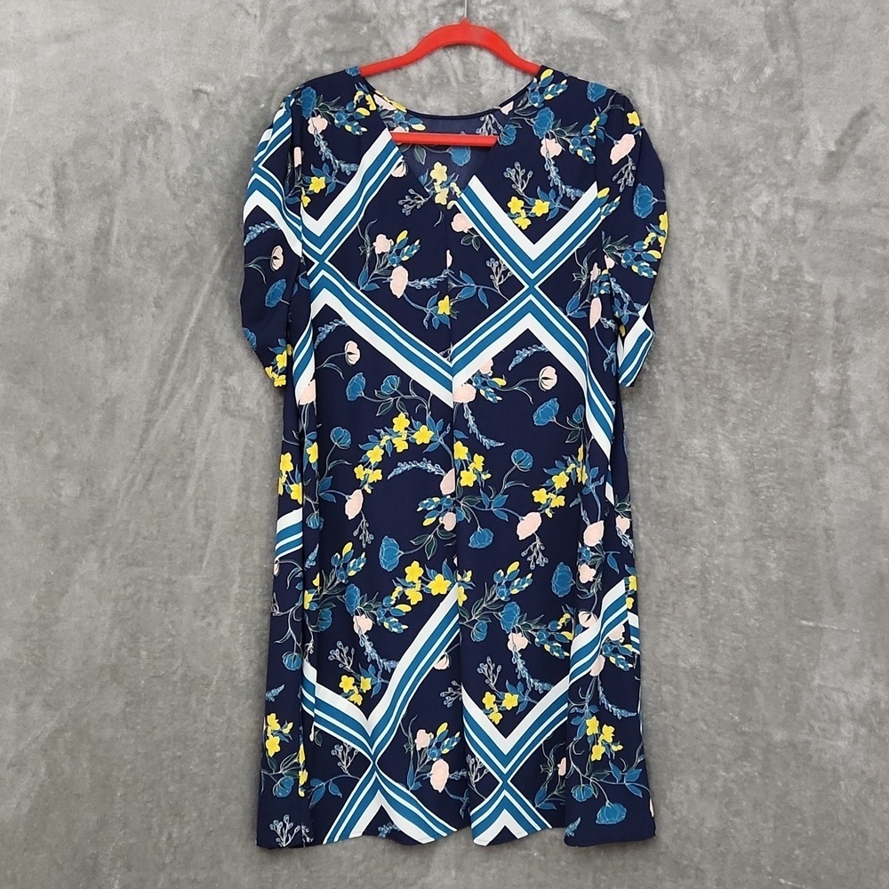 Halogen Floral Shift Dress Women's Size 1 Navy Blue 3/4 Sleeve Ruched Scarf Prin - Picture 6 of 12